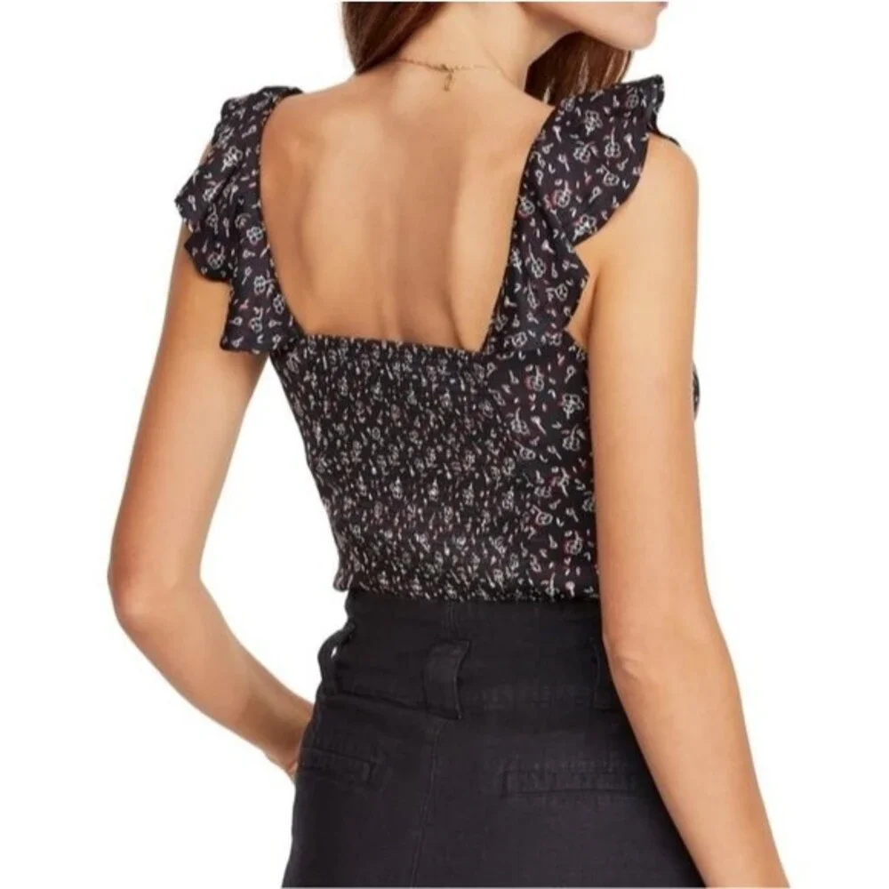 Free People Stay With You Black Ruffled Scoop Neck Crop Top S